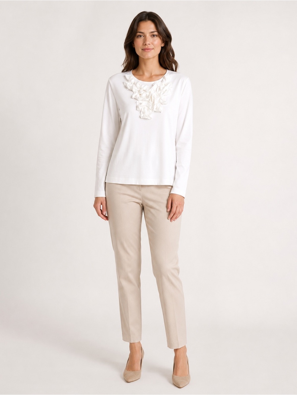 Van Heusen White Long Sleeve Blouse | Women’s Size Large | Ruffle Neckline
